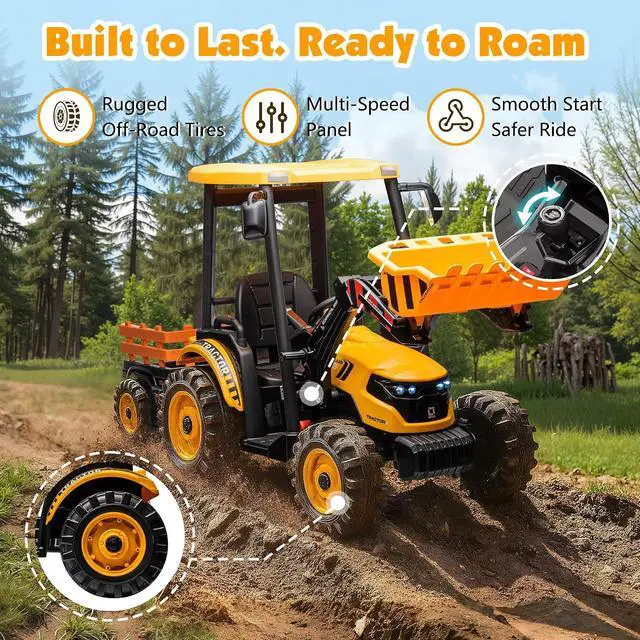 Alt view image 6 of 7 - 24V Ride on Tractor for Kids with Trailer & Front Loader, 3-in-1 Electric Construction Vehicle, Dual Motors, All-Terrain Wheels, LED Lights, Outdoor Gift for Boys Girls Ages 3-8 (Yellow)