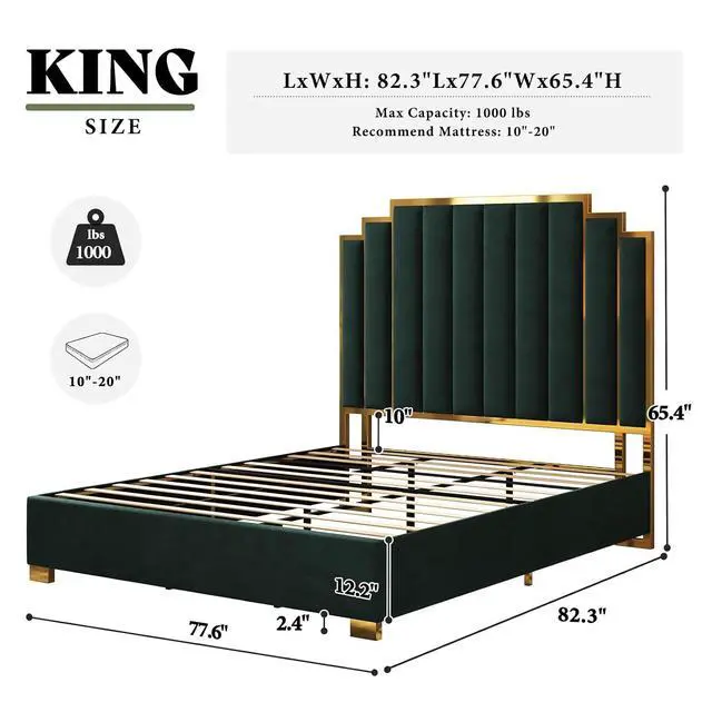 Alt view image 2 of 7 - King Size Upholstered Bed, Modern Velvet Bed Frame with 65.4 Tall Gold Trim Headboard, No Box Spring Needed, Green