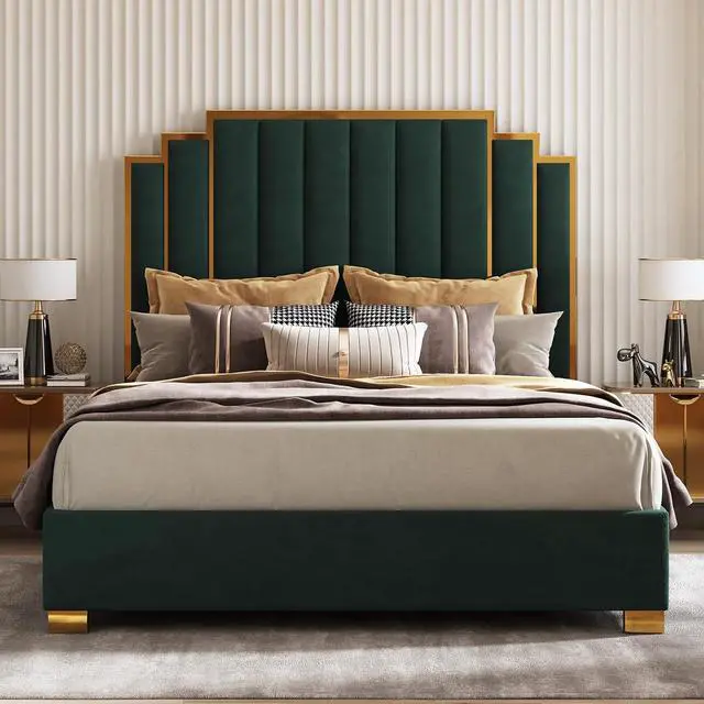Main image of King Size Upholstered Bed, Modern Velvet Bed Frame with 65.4 Tall Gold Trim Headboard, No Box Spring Needed, Green