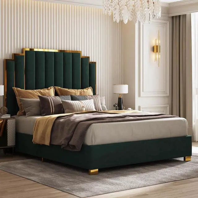 Alt view image 3 of 7 - King Size Upholstered Bed, Modern Velvet Bed Frame with 65.4 Tall Gold Trim Headboard, No Box Spring Needed, Green
