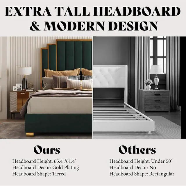 Alt view image 5 of 7 - King Size Upholstered Bed, Modern Velvet Bed Frame with 65.4 Tall Gold Trim Headboard, No Box Spring Needed, Green