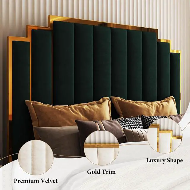 Alt view image 4 of 7 - King Size Upholstered Bed, Modern Velvet Bed Frame with 65.4 Tall Gold Trim Headboard, No Box Spring Needed, Green