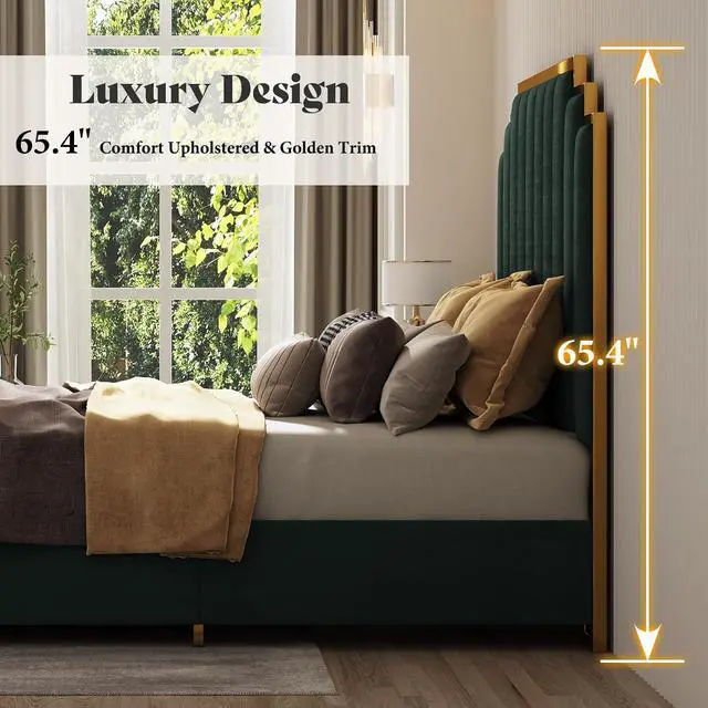 Alt view image 7 of 7 - King Size Upholstered Bed, Modern Velvet Bed Frame with 65.4 Tall Gold Trim Headboard, No Box Spring Needed, Green