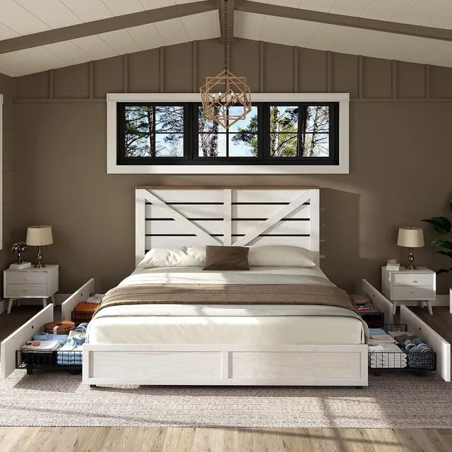 Alt view image 3 of 7 - Full Size Farmhouse Bed Frame with 4 Drawers, Wooden Storage Bed Frame with Headboard and Heavy Duty Metal Slats, Noisy Free, Easy Assemble, White/Barnwood