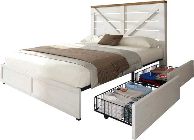Alt view image 4 of 7 - Queen Size Farmhouse Bed Frame with 4 Drawers, Wooden Storage Bed Frame with Headboard and Heavy Duty Metal Slats, Noisy Free, Easy Assemble, White/Barnwood