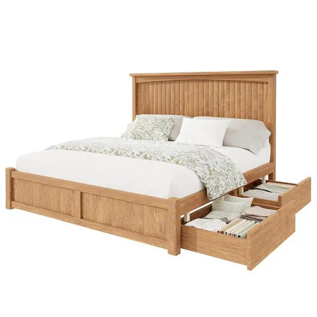Alt view image 4 of 7 - Solid Wood Full Size Storage Bed Frame with Headboard, Platform Bedframe with 2 Storage Drawers, Beadboard Design & Wooden Slats, No Box Spring Needed, Noise-Free, Warm Brown Finish