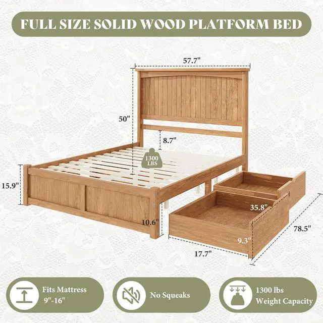Alt view image 2 of 7 - Solid Wood Full Size Storage Bed Frame with Headboard, Platform Bedframe with 2 Storage Drawers, Beadboard Design & Wooden Slats, No Box Spring Needed, Noise-Free, Warm Brown Finish