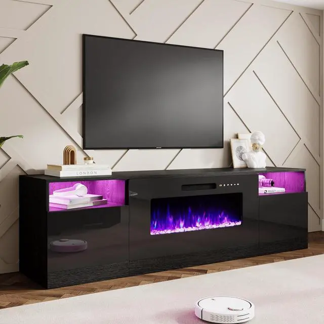 Main image of 80" Fireplace TV Stand for TVs up to 90", Modern TV Console with 40" Electric Fireplace & High Gloss Storage Cabinets, Media Entertainment Center with 12 Colors LED Lights, Black