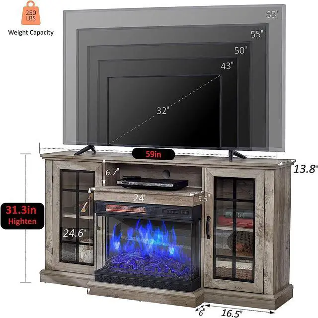 Alt view image 4 of 7 - 3-Sided Glass Fireplace TV Stand for TVs up to 65'' with 12 Color, Media Entertainment Center Console Table with Doors Closed Storage, Wash Gray