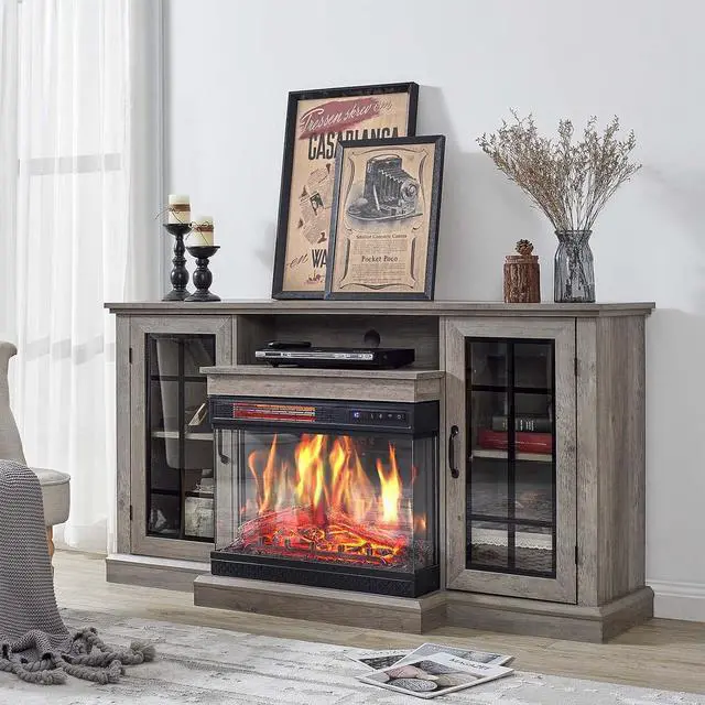 Main image of 3-Sided Glass Fireplace TV Stand for TVs up to 65'' with 12 Color, Media Entertainment Center Console Table with Doors Closed Storage, Wash Gray