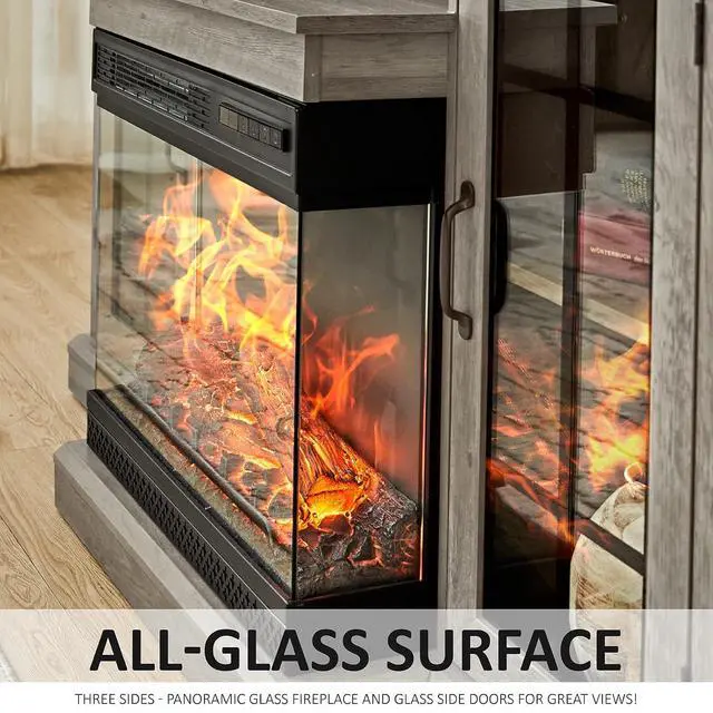Alt view image 3 of 7 - 3-Sided Glass Fireplace TV Stand for TVs up to 65'' with 12 Color, Media Entertainment Center Console Table with Doors Closed Storage, Wash Gray