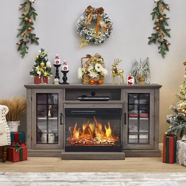 Alt view image 6 of 7 - 3-Sided Glass Fireplace TV Stand for TVs up to 65'' with 12 Color, Media Entertainment Center Console Table with Doors Closed Storage, Wash Gray