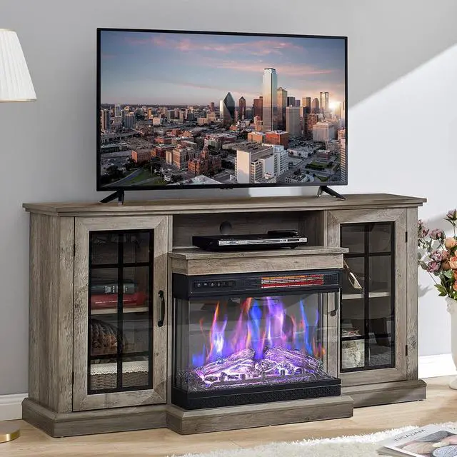 Alt view image 5 of 7 - 3-Sided Glass Fireplace TV Stand for TVs up to 65'' with 12 Color, Media Entertainment Center Console Table with Doors Closed Storage, Wash Gray