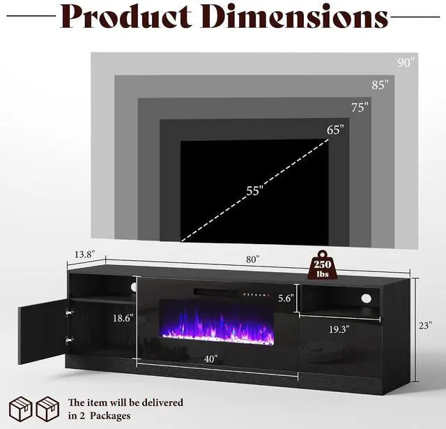 Alt view image 2 of 7 - 80" Fireplace TV Stand for TVs up to 90", Modern TV Console with 40" Electric Fireplace & High Gloss Storage Cabinets, Media Entertainment Center with 12 Colors LED Lights, Black