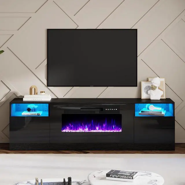 Alt view image 6 of 7 - 80" Fireplace TV Stand for TVs up to 90", Modern TV Console with 40" Electric Fireplace & High Gloss Storage Cabinets, Media Entertainment Center with 12 Colors LED Lights, Black