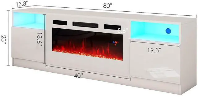 Alt view image 2 of 7 - 80" TV Stand with 40" Electric Fireplace Large Modern Matte Texture Media Entertainment Center with Highlight Storage Cabinet and 12 Colors LED Lights for TVs Up to 90", 80 inches, White