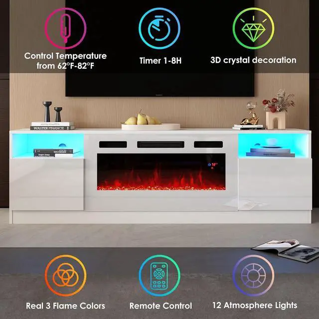 Alt view image 3 of 7 - 80" TV Stand with 40" Electric Fireplace Large Modern Matte Texture Media Entertainment Center with Highlight Storage Cabinet and 12 Colors LED Lights for TVs Up to 90", 80 inches, White