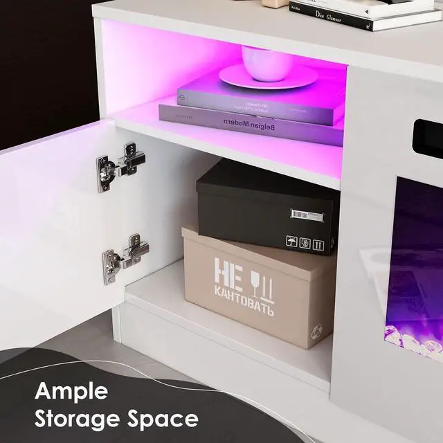 Alt view image 5 of 7 - 80" TV Stand with 40" Electric Fireplace Large Modern Matte Texture Media Entertainment Center with Highlight Storage Cabinet and 12 Colors LED Lights for TVs Up to 90", 80 inches, White