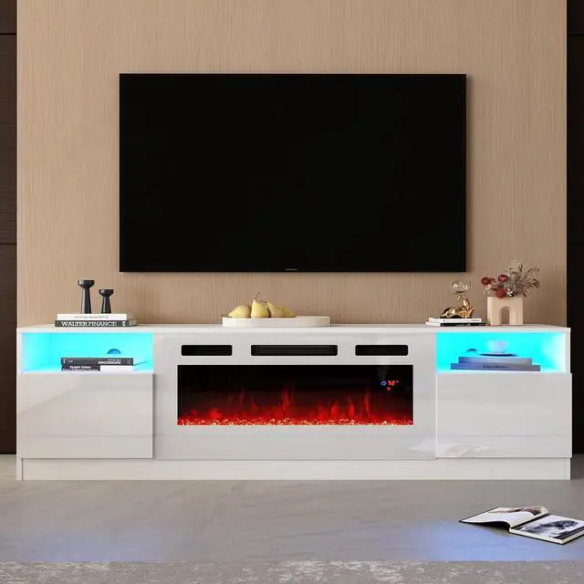 Alt view image 7 of 7 - 80" TV Stand with 40" Electric Fireplace Large Modern Matte Texture Media Entertainment Center with Highlight Storage Cabinet and 12 Colors LED Lights for TVs Up to 90", 80 inches, White