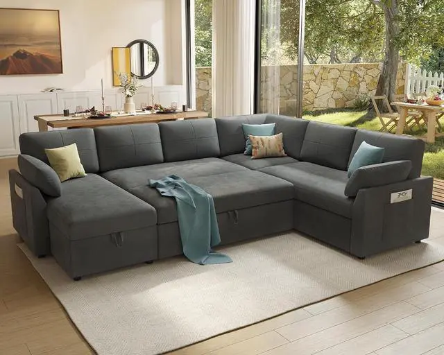 Main image of 112 inch Sleeper Sofa, 2-in-1 Sofa Bed with Storage Chaise, Oversized U Pull Out Shape Sofa Couch for Living Room, Guest Room, Linen Grey