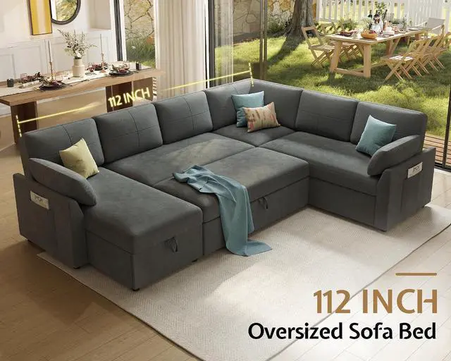 Alt view image 3 of 7 - 112 inch Sleeper Sofa, 2-in-1 Sofa Bed with Storage Chaise, Oversized U Pull Out Shape Sofa Couch for Living Room, Guest Room, Linen Grey
