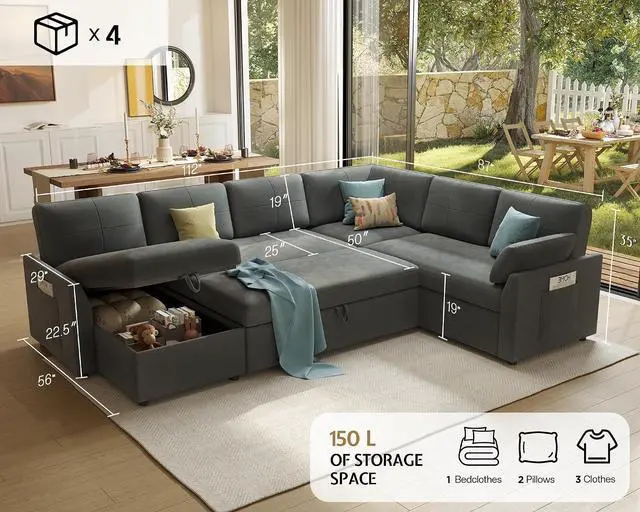 Alt view image 2 of 7 - 112 inch Sleeper Sofa, 2-in-1 Sofa Bed with Storage Chaise, Oversized U Pull Out Shape Sofa Couch for Living Room, Guest Room, Linen Grey
