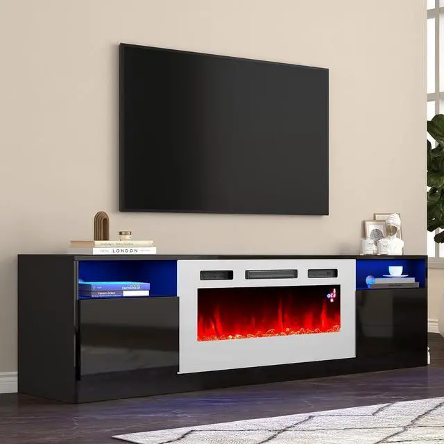 Main image of 80" Fireplace TV Stand with 40" Electric Fireplace, High Gloss Modern Entertainment Center with Storage Cabinets for TVs Up to 90", Black & White