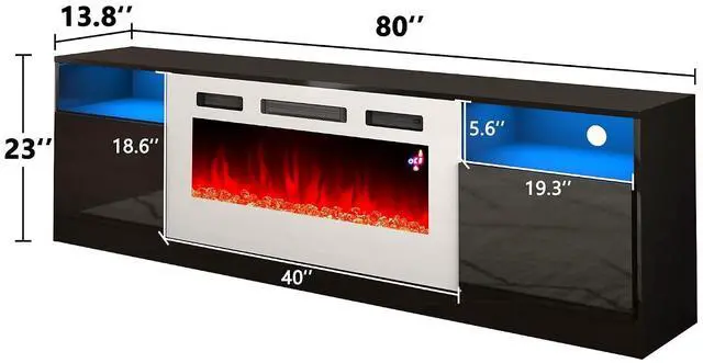 Alt view image 2 of 7 - 80" Fireplace TV Stand with 40" Electric Fireplace, High Gloss Modern Entertainment Center with Storage Cabinets for TVs Up to 90", Black & White