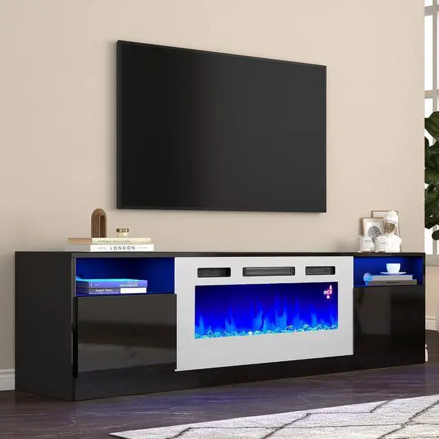 Alt view image 7 of 7 - 80" Fireplace TV Stand with 40" Electric Fireplace, High Gloss Modern Entertainment Center with Storage Cabinets for TVs Up to 90", Black & White
