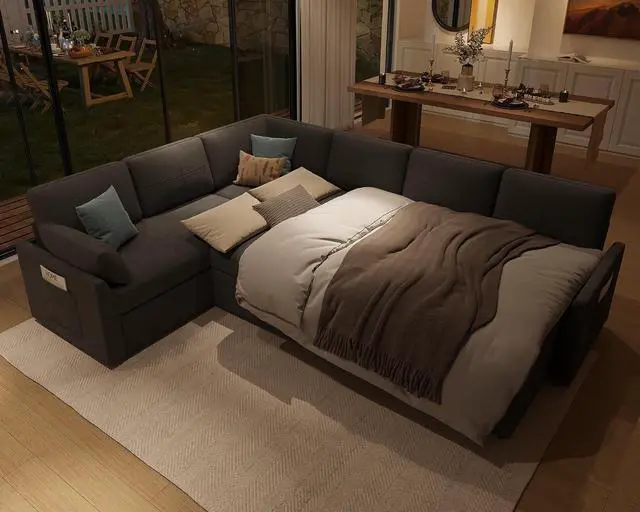 Alt view image 4 of 7 - 112 inch Sleeper Sofa, 2-in-1 Sofa Bed with Storage Chaise, Oversized U Pull Out Shape Sofa Couch for Living Room, Guest Room, Linen Grey