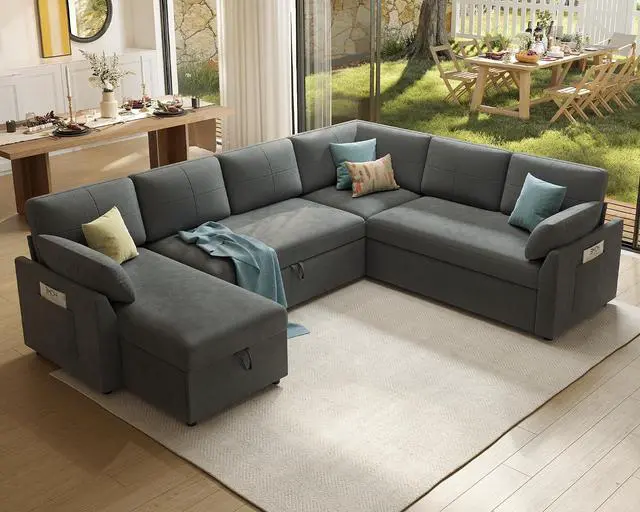 Alt view image 5 of 7 - 112 inch Sleeper Sofa, 2-in-1 Sofa Bed with Storage Chaise, Oversized U Pull Out Shape Sofa Couch for Living Room, Guest Room, Linen Grey