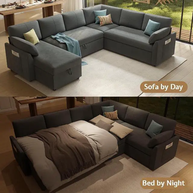 Alt view image 6 of 7 - 112 inch Sleeper Sofa, 2-in-1 Sofa Bed with Storage Chaise, Oversized U Pull Out Shape Sofa Couch for Living Room, Guest Room, Linen Grey