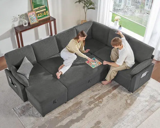 Alt view image 7 of 7 - 112 inch Sleeper Sofa, 2-in-1 Sofa Bed with Storage Chaise, Oversized U Pull Out Shape Sofa Couch for Living Room, Guest Room, Linen Grey