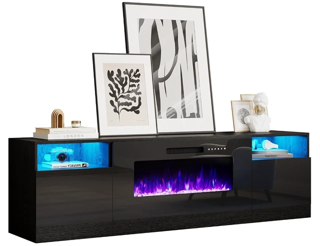 Alt view image 6 of 7 - Fireplace TV Stand with 36" Electric Fireplace, LED Light Entertainment Center, Modern Wood Texture Entertainment Stand with Highlight Storage Cabinet for TVs Up to 80", 70 inches, Black