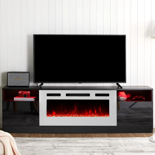 Alt view image 2 of 7 - Fireplace TV Stand with 36" Electric Fireplace, LED Light Entertainment Center, Modern Wood Texture Entertainment Stand with Highlight Storage Cabinet for TVs Up to 80", 70", Black & White