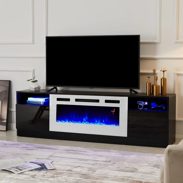 Main image of Fireplace TV Stand with 36" Electric Fireplace, LED Light Entertainment Center, Modern Wood Texture Entertainment Stand with Highlight Storage Cabinet for TVs Up to 80", 70", Black & White