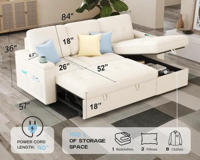 Alt view image 3 of 7 - 84 Inch Pull Out Couch, Sleeper Sofa with Storage Chaise, Tufted L Shape Convertible Couch with 2 USB & Cup Holders, Boucle White