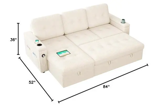 Alt view image 2 of 7 - 84 Inch Pull Out Couch, Sleeper Sofa with Storage Chaise, Tufted L Shape Convertible Couch with 2 USB & Cup Holders, Boucle White