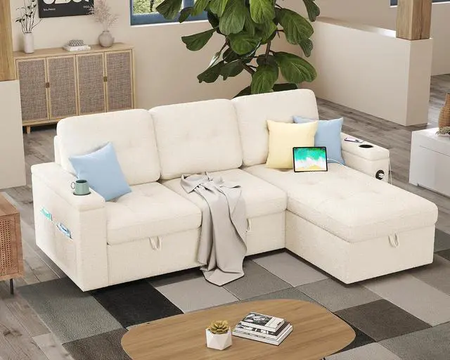 Alt view image 6 of 7 - 84 Inch Pull Out Couch, Sleeper Sofa with Storage Chaise, Tufted L Shape Convertible Couch with 2 USB & Cup Holders, Boucle White