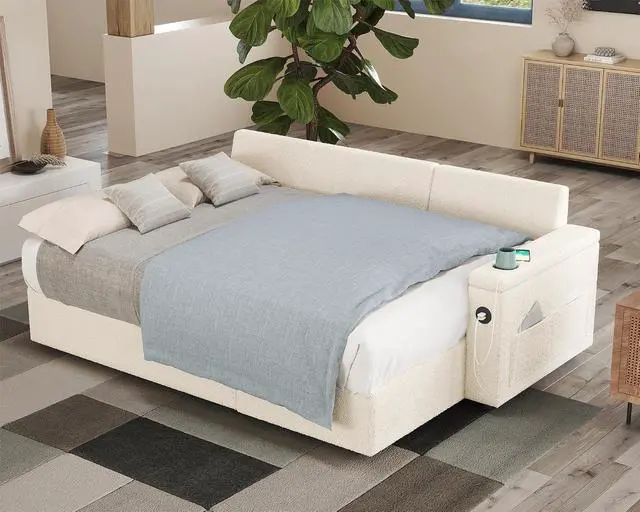 Alt view image 7 of 7 - 84 Inch Pull Out Couch, Sleeper Sofa with Storage Chaise, Tufted L Shape Convertible Couch with 2 USB & Cup Holders, Boucle White