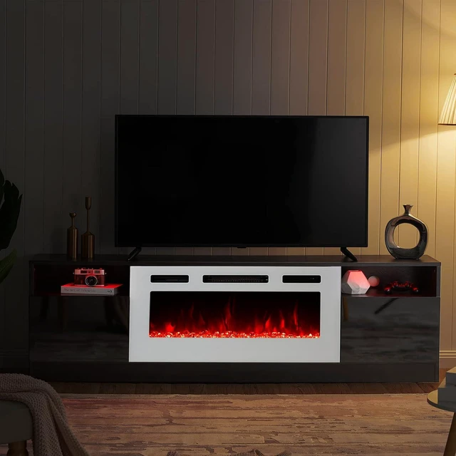 Alt view image 7 of 7 - Fireplace TV Stand with 36" Electric Fireplace, LED Light Entertainment Center, Modern Wood Texture Entertainment Stand with Highlight Storage Cabinet for TVs Up to 80", 70", Black & White