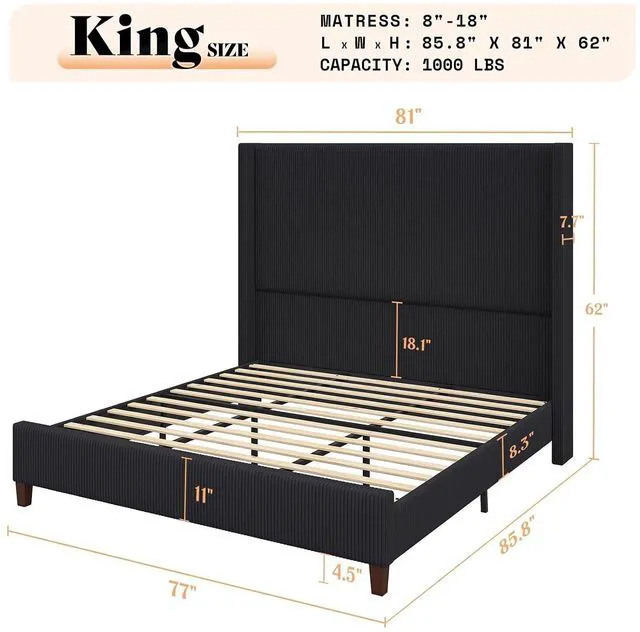 Alt view image 2 of 7 - King Size 62" Corduroy Upholstered Bed Frame, Luxurious Platform Bed with Extra Tall Wingback Headboard and Vertical Stripe, No Box Spring Needed/Solid Wood Slats & Legs/Black