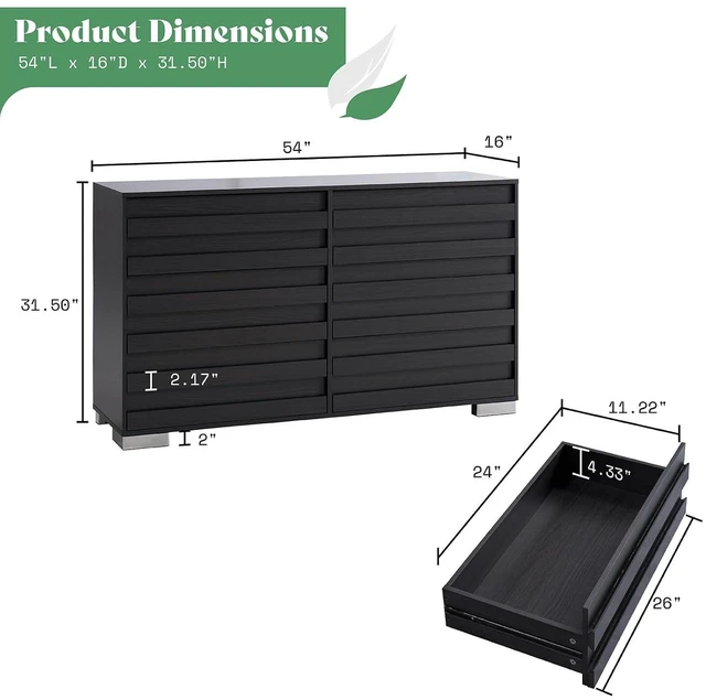 Alt view image 2 of 7 - Farmhouse Double Drawer Dresser with 6 Drawers, 54" Wide Chest of Drawers with Slat Handle, Wooden Dresser for Bedroom, Living Room, Black