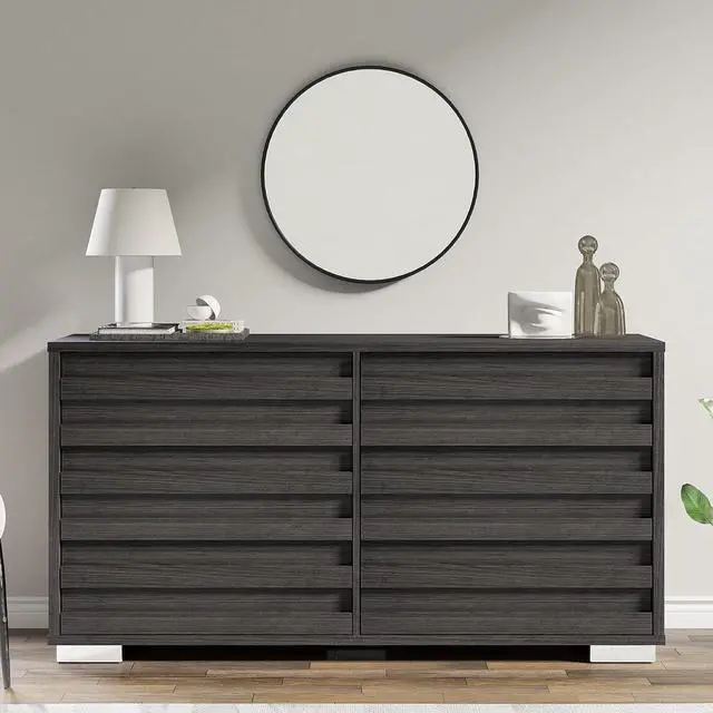 Alt view image 5 of 7 - 2-Piece Farmhouse Bedroom Set, Full Bed Frame and 6 Drawer Dresser, Platform Bed with 49" Fluted Headboard, 54" Wide Wood Chest of Drawer for Bedroom, Black