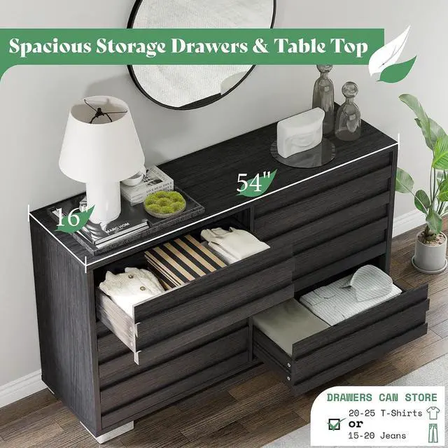 Alt view image 6 of 7 - 2-Piece Farmhouse Bedroom Set, Full Bed Frame and 6 Drawer Dresser, Platform Bed with 49" Fluted Headboard, 54" Wide Wood Chest of Drawer for Bedroom, Black