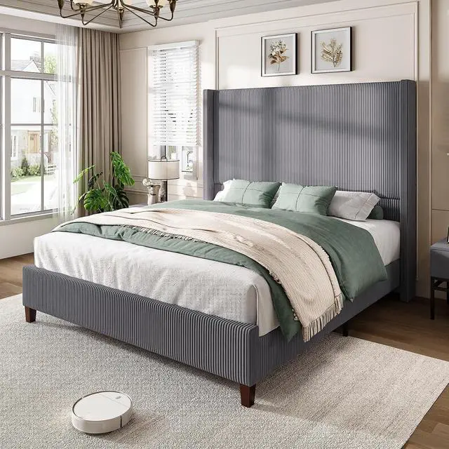 Main image of King Size 62" Corduroy Upholstered Bed Frame, Luxurious Platform Bed with Extra Tall Wingback Headboard and Vertical Stripe, No Box Spring Needed/Solid Wood Slats & Legs/Gray