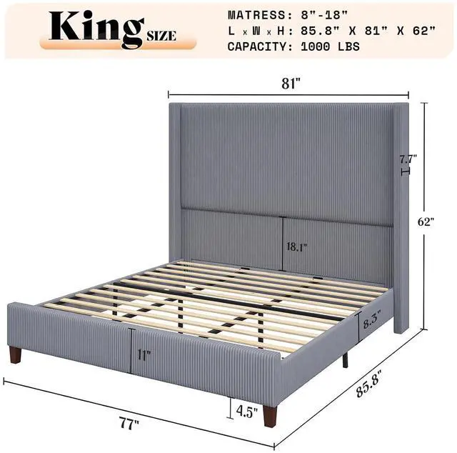 Alt view image 2 of 7 - King Size 62" Corduroy Upholstered Bed Frame, Luxurious Platform Bed with Extra Tall Wingback Headboard and Vertical Stripe, No Box Spring Needed/Solid Wood Slats & Legs/Gray