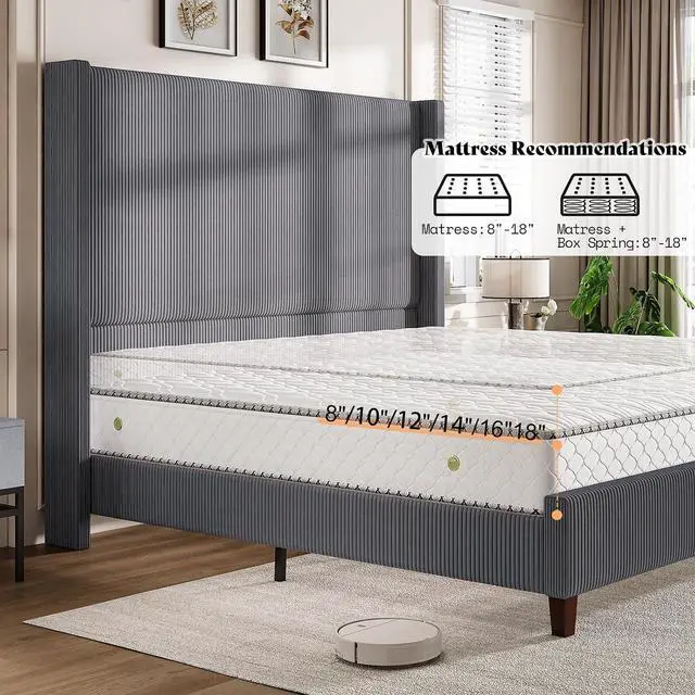Alt view image 5 of 7 - King Size 62" Corduroy Upholstered Bed Frame, Luxurious Platform Bed with Extra Tall Wingback Headboard and Vertical Stripe, No Box Spring Needed/Solid Wood Slats & Legs/Gray