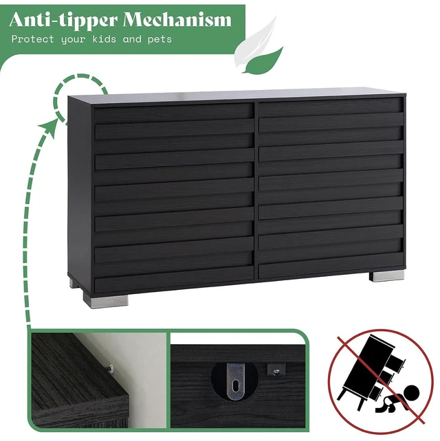 Alt view image 7 of 7 - Farmhouse Double Drawer Dresser with 6 Drawers, 54" Wide Chest of Drawers with Slat Handle, Wooden Dresser for Bedroom, Living Room, Black
