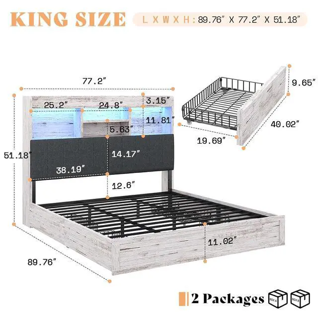 Alt view image 2 of 7 - King Size Bed Frame with 51.2" Tall Bookcase Headboard, Farmhouse Platform Bed with 4 Storage Drawers, Linen Upholstered, Charging Station & Storage, Rustic White